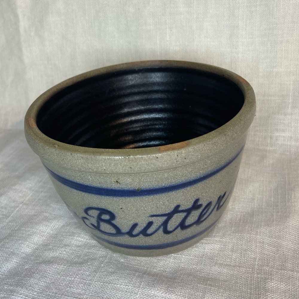 Rowe Pottery Works Salt Glazed Butter Crock 3x5” Bowl Hand Painted 1992
